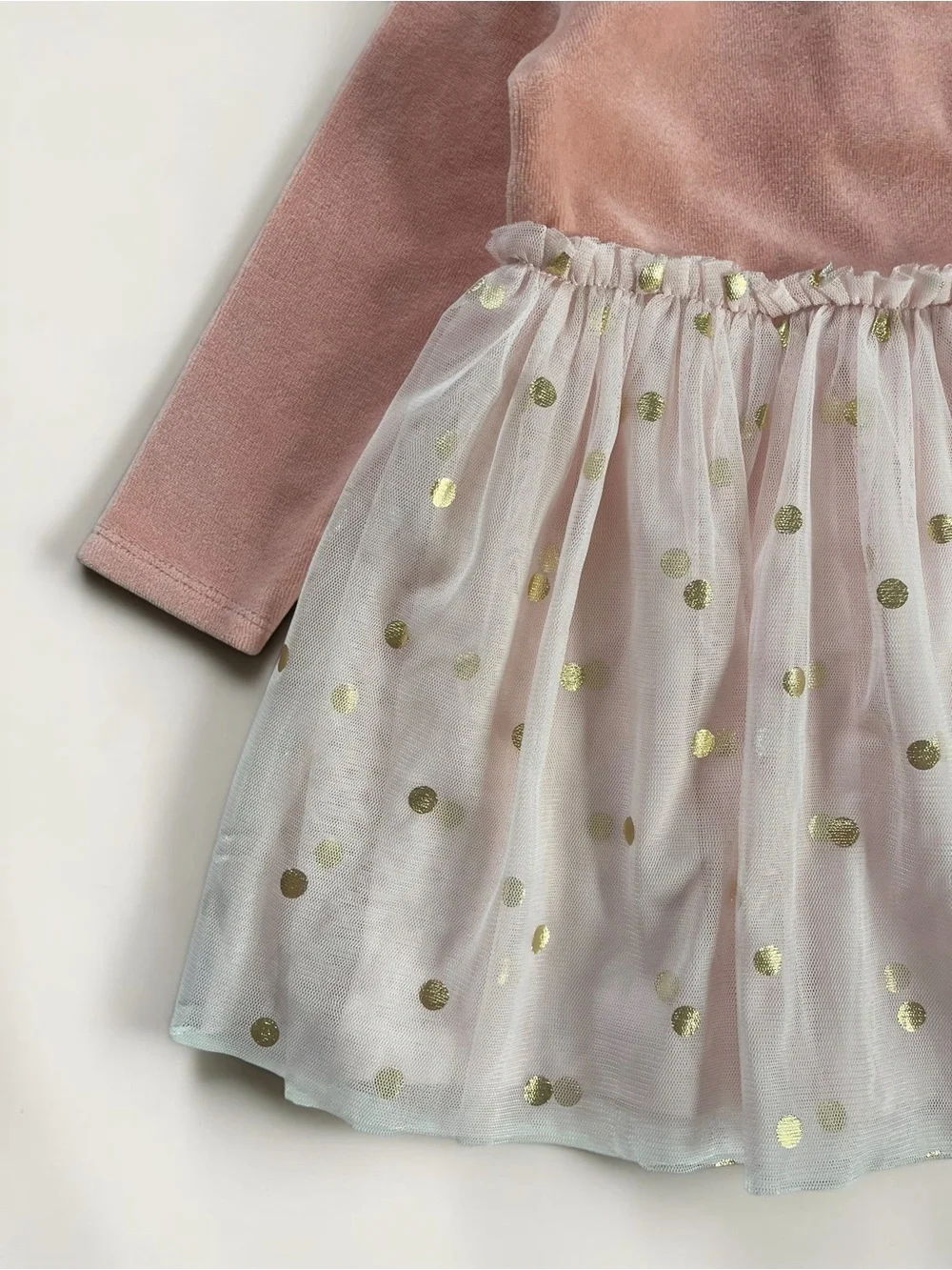 EUC Peach Velour Metallic Polka Dot Long Sleeve Tulle Dress